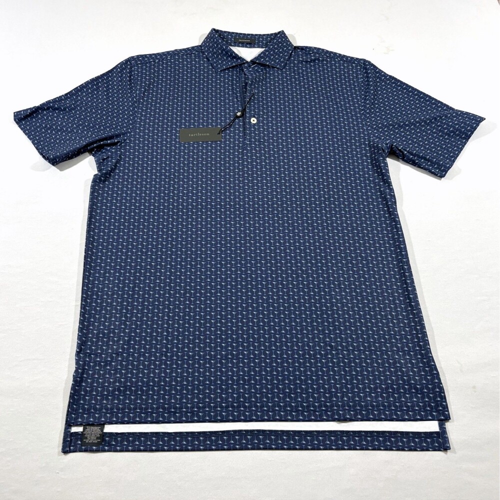 Turtleson Barron Performance Polo Shirt Mens Navy Martini Glass Print Sz M NWT